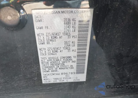 2016 Nissan Rogue Sv from USA, damaged, VIN 5N1AT2MTXGC896789